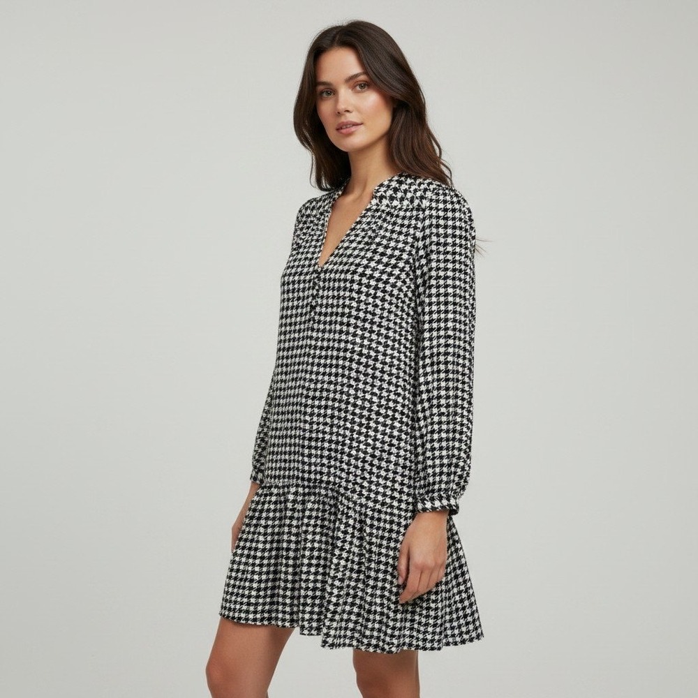 Maeve Anthropologie Houndstooth Tiered Shift Dress Black White Small Long Sleeve